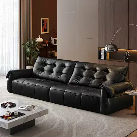 全友家居2024新款意式轻奢客厅家用小户型直排一字形黑色真皮沙发商品大图