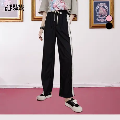 妖精的口袋撞色高腰运动阔腿裤女2023夏季新款长裤宽松显瘦休闲裤商品大图