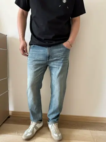 DAEVU春夏新款浅蓝水洗潮胖子弹力小直筒加肥加大码男士牛仔裤商品大图