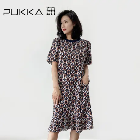 蒲PUKKA 2023夏季新品文艺复古真丝印花气质休闲短袖小个子连衣裙图片
