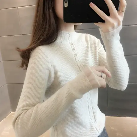 秋冬新款半高领修身显瘦内搭蕾丝拼接纯色毛衣长袖针织打底衫女潮商品大图