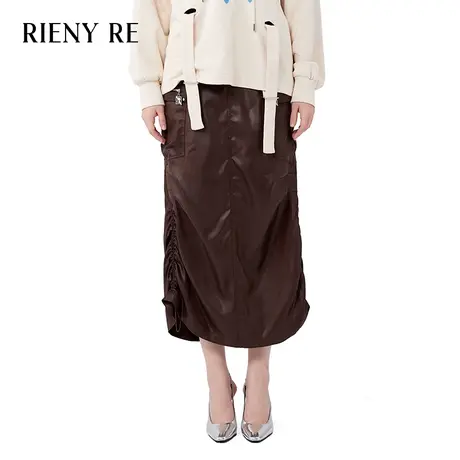 RIENYRE半身裙女2023新款爆款秋季褶皱小众美式复古半身工装裙女图片