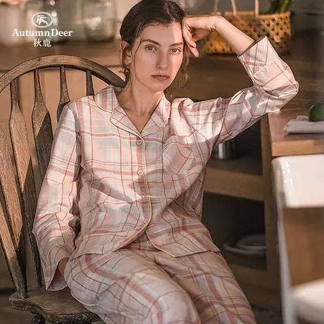 秋鹿【梭织棉】新款格纹家居服女长袖纯棉格子可外穿女士春秋睡衣商品大图