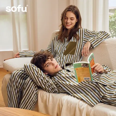 sofu梭织条纹衬衫睡衣女套装春秋季原创新款高级感可外穿家居服男商品大图