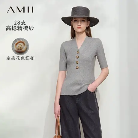 Amii2025夏新款通勤V领排扣毛针织衫女修身莫兰迪色系中袖上衣商品大图