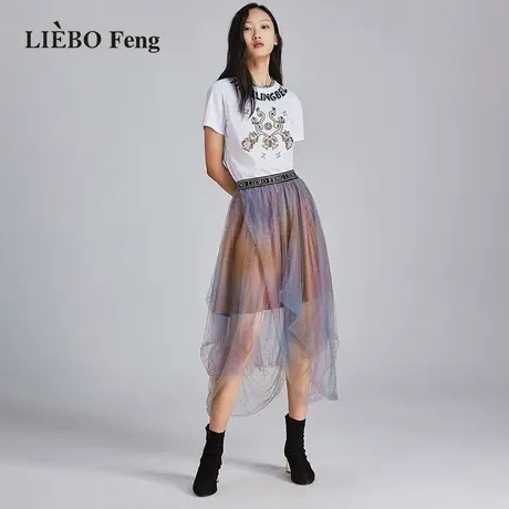 裂帛LIEBOFeng设计师款南法风渐变不规则下摆烫钻仙女蕾丝半身裙图片