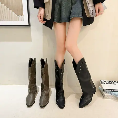 长筒靴女2023年新款春秋季胖mm粗腿大筒靴子气质高级尖头粗跟女靴图片