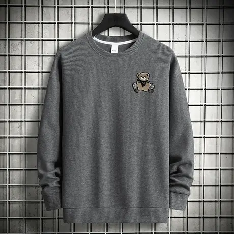 华夫格圆领卫衣男2023新款春秋季无帽上衣服小熊长袖t恤潮流宽松商品大图