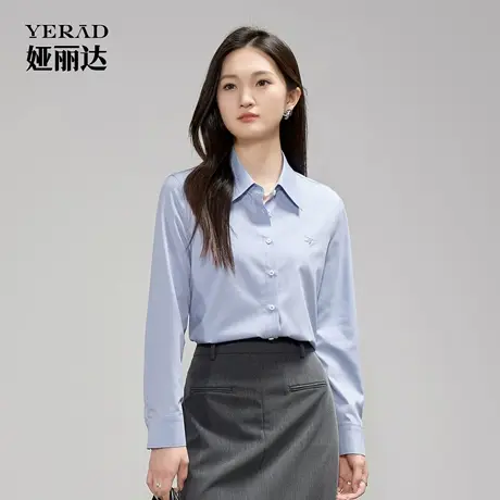 娅丽达知识分子通勤刺绣长袖蓝色衬衫女秋季新款职业正装面试衬衣商品大图