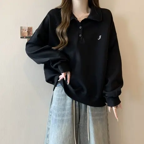 bf慵懒风薄款卫衣女春秋季百搭韩版宽松显瘦Polo领长袖上衣外套潮商品大图