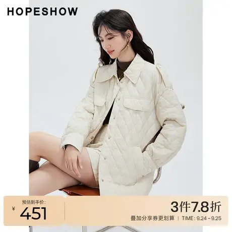红袖outlets落肩长款棉服hopeshow2023冬款保暖舒适通勤中长外套图片