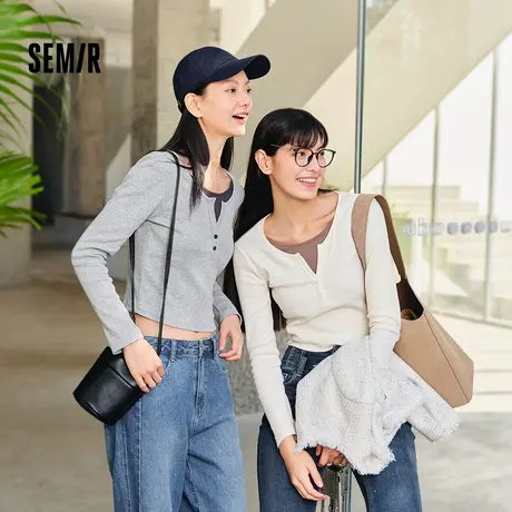 森马长袖T恤女短款假两件撞色紧身百搭2025冬新款显瘦正肩针织衫商品大图
