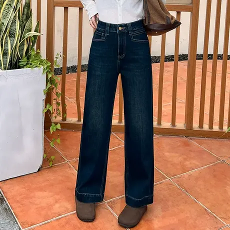 拉夏贝尔窄版阔腿牛仔裤女2025秋季新款直筒裤垂顺显瘦复古牛仔裤商品大图