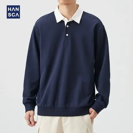 hansca日系复古撞色polo翻领卫衣男2025秋季新款宽松百搭通勤上衣商品大图