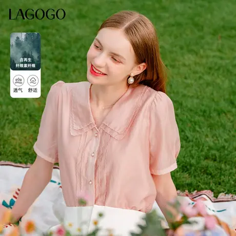 【天丝】LAGOGO娃娃领甜美减龄短袖衬衫女拉谷谷夏季新款法式上衣商品大图