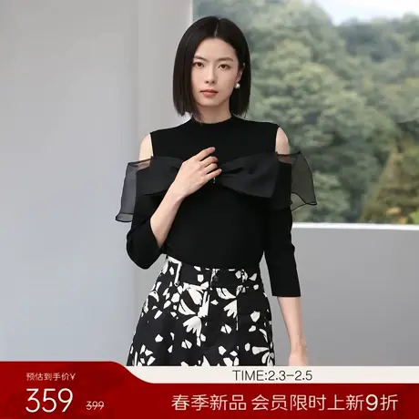 【2.3新品会员9折】衣香丽影黑色蝴蝶结针织衫女春装半高领上衣图片