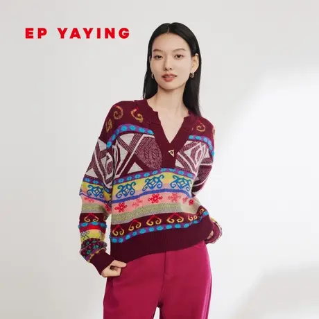 EP雅莹女装 民族风提花羊毛羊绒混纺针织毛衣 2023秋冬新款9523A商品大图