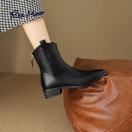 REEMOOR睿慕2023冬季新款百搭尖头靴子厚底粗跟显瘦短靴单靴女鞋图片