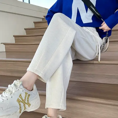 米色灯芯绒直筒裤女秋冬高腰遮胯显瘦宽松小个子雪尼尔休闲哈伦裤商品大图