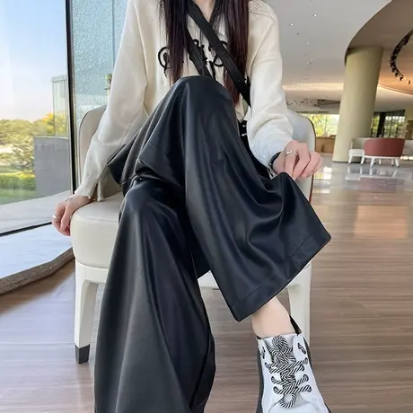 高腰宽松阔腿皮裤女秋冬季显瘦休闲直筒裤个性褶皱高级感PU皮长裤商品大图