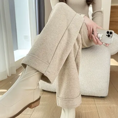 杏色毛呢阔腿裤女秋冬款加厚保暖高腰宽松显瘦休闲直筒垂感呢子裤图片