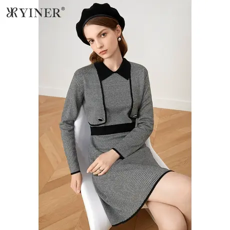 YINER音儿女装2021秋季新款时尚格子长袖毛针织衫商品大图