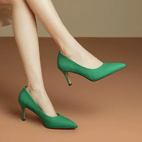 时尚气质绿色高跟鞋女细跟通勤软皮不磨脚里外真皮女士尖头单鞋图片