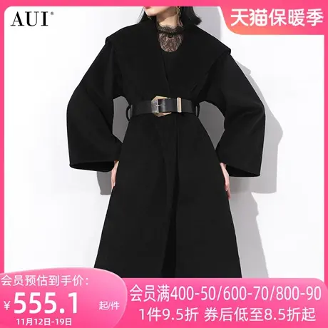 AUI黑色御姐气质中长款毛呢外套女2023冬新款设计感小众呢子大衣图片