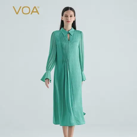 VOA草绿色22姆米暗纹提花桑蚕丝尖领拼接乔其丝绸长袖真丝连衣裙图片