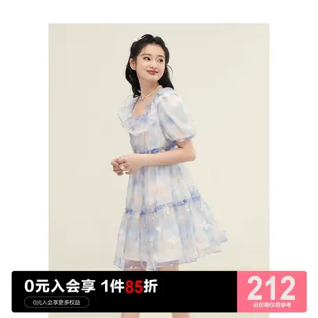 乐町方领梦幻晕染公主裙2023年夏季新款女装蝴蝶结炫彩网纱连衣裙商品大图