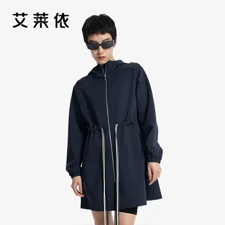艾莱依早春风衣外套女韩系风格穿搭中长款休闲风连帽时尚收腰上衣图片