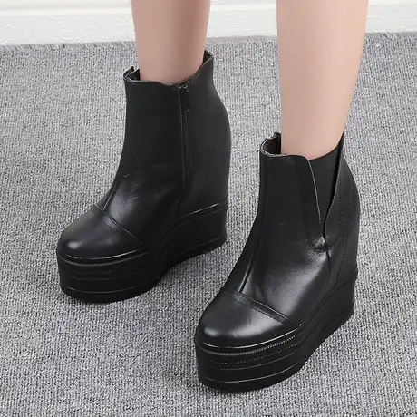 高帮真皮小个子内增高马丁靴女潮ins运动瘦瘦加绒坡跟厚底老爹鞋商品大图