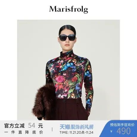 【花稿印花系列】玛丝菲尔冬季新款印花气质中高领修身显瘦打底衫商品大图