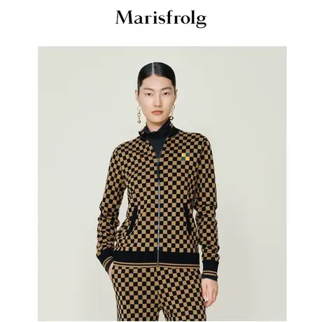 【棋盘格羊毛针织开衫】玛丝菲尔冬纯羊毛咖色棋盘格运动休闲开衫商品大图