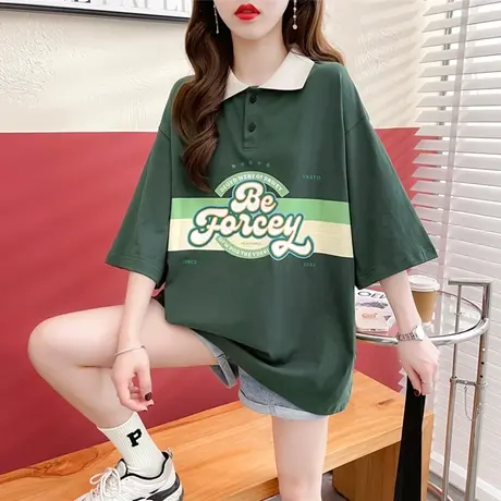 翻领polo衫短袖t恤女夏季韩版宽松大码女装中长款学生半袖上衣服商品大图