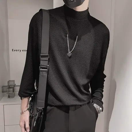 秋季时尚休闲纯色项链装饰个性百搭半高领体恤发型师原宿男士T恤图片