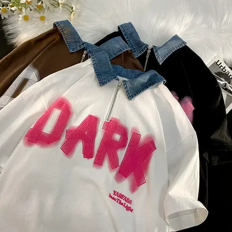 潮牌短袖polo衫男夏季新款港风翻领半截袖t恤设计感印花休闲上衣商品大图