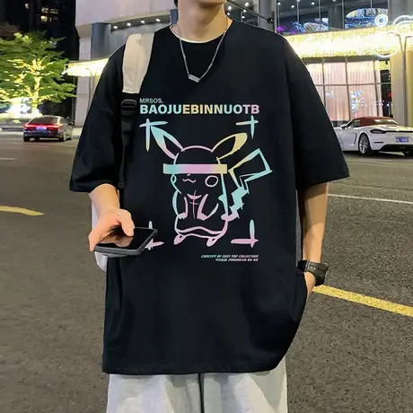 港风卡通印花夏季短袖T恤男潮牌宽松半袖上衣纯棉青少年男生体恤商品大图