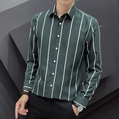 条纹长袖衬衫男秋季潮牌港风宽松大码衬衣休闲男士春秋款青年外套商品大图