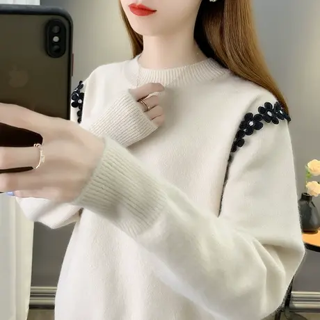 20223春新款韩版宽松圆领长袖针织衫百搭套头毛衣女纯色打底上衣商品大图