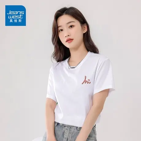 真维斯短袖T恤女2023新款夏季纯棉上衣220g重磅t恤落肩宽松遮肉潮商品大图