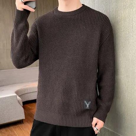 圆领毛衣男秋冬季纯色百搭线衣加绒加厚宽松上衣服男士打底针织衫商品大图