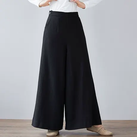 素飞原创毛呢阔腿裤女复古春季新款直筒休闲裤高腰百搭长款女裤图片