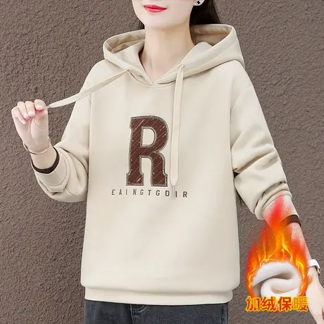 加绒连帽卫衣女秋冬2023年新款时尚宽松休闲上衣百搭加厚套头外套图片