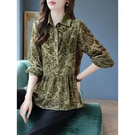 宝诗黎翻领丝绒长袖雪纺衫2024春季新款套头衬衣宽松休闲女士上衣商品大图