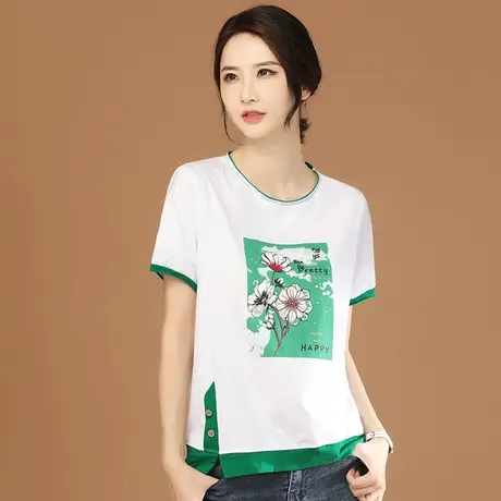 韩潮袭人文艺圆领印花白色短袖T恤女夏季新款撞色显瘦体恤上衣图片