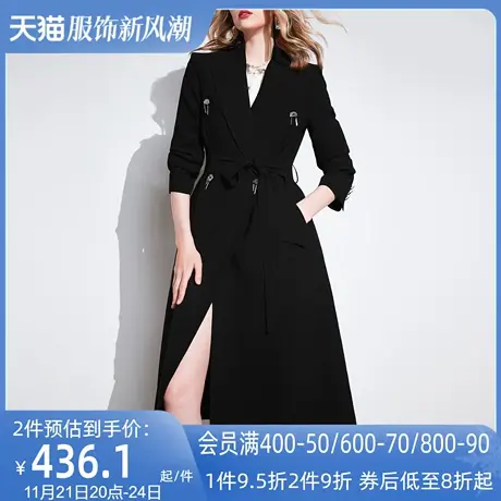 AUI黑色时尚高端气质风衣外套女2024春新款收腰设计感中长款大衣图片