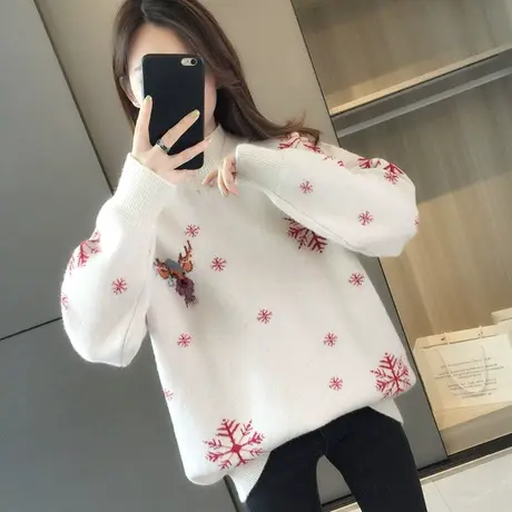 半高领圣诞毛衣女冬季套头新款加厚打底衫秋冬洋气慵懒宽松外穿商品大图