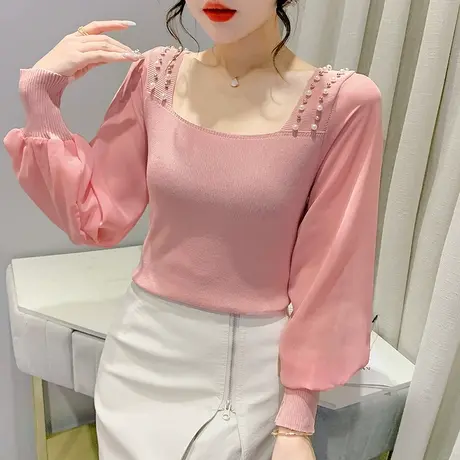 复古方领针织衫女长袖春秋设计感小众泡泡袖上衣雪纺拼接打底衫潮图片