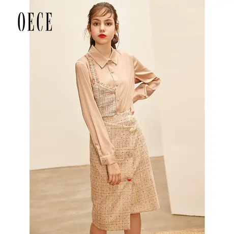 Oece秋冬新款女装 CHIC复古织花格个性设计感修身高腰半身裙图片